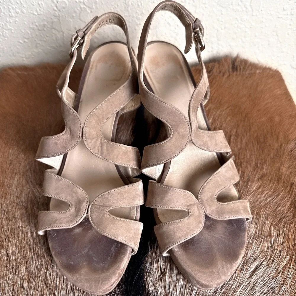Stuart‎ Weitzman 9 Tan Leather Cone Heeled Cage Ankle Strap Sandals Neutral